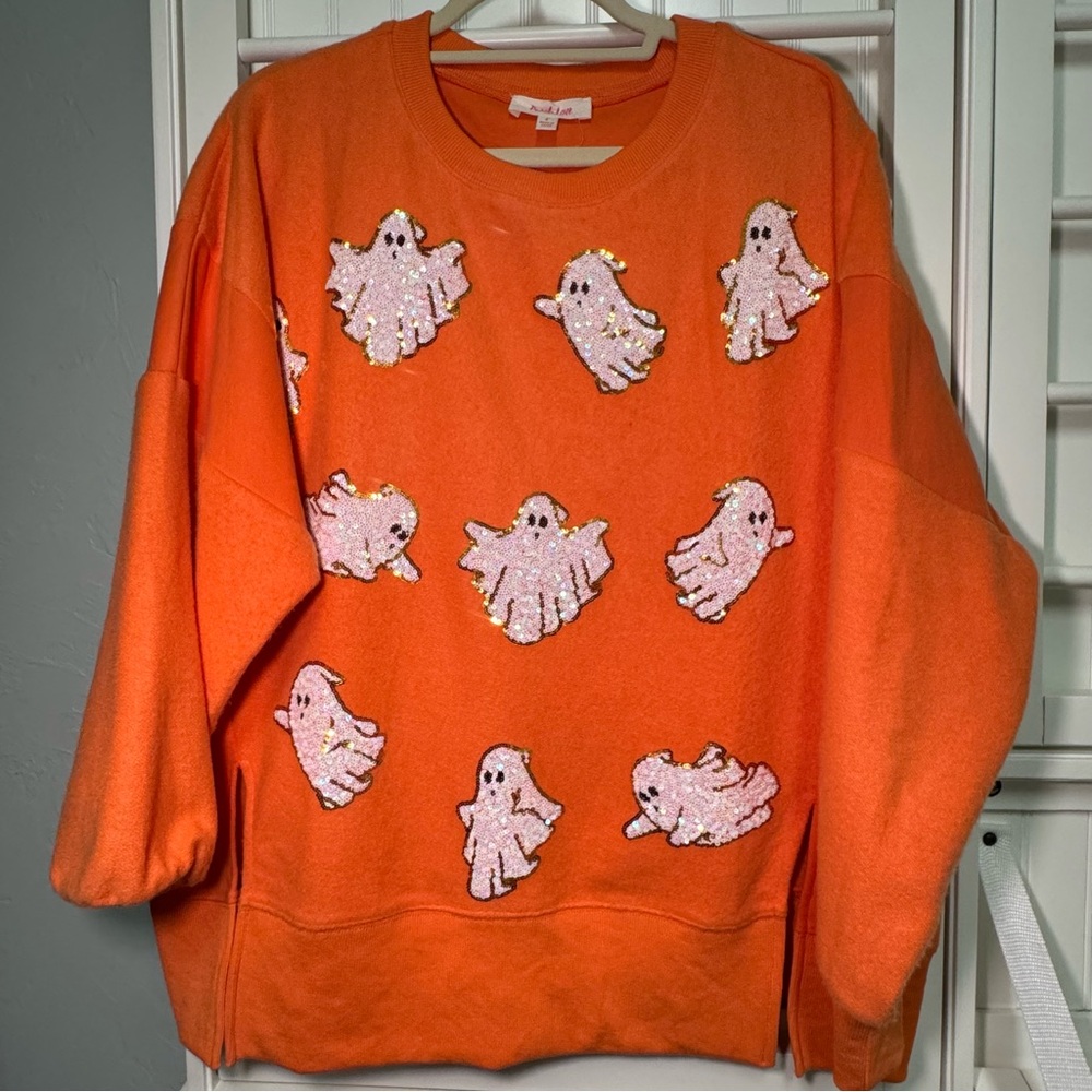 Peach Love Oversized Orange Sweatshirt with white sequin Ghosts size S EUC - Picture 4 of 8